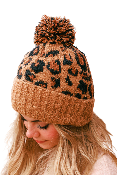 Leopard Print Pom Jacquard Plush Hat