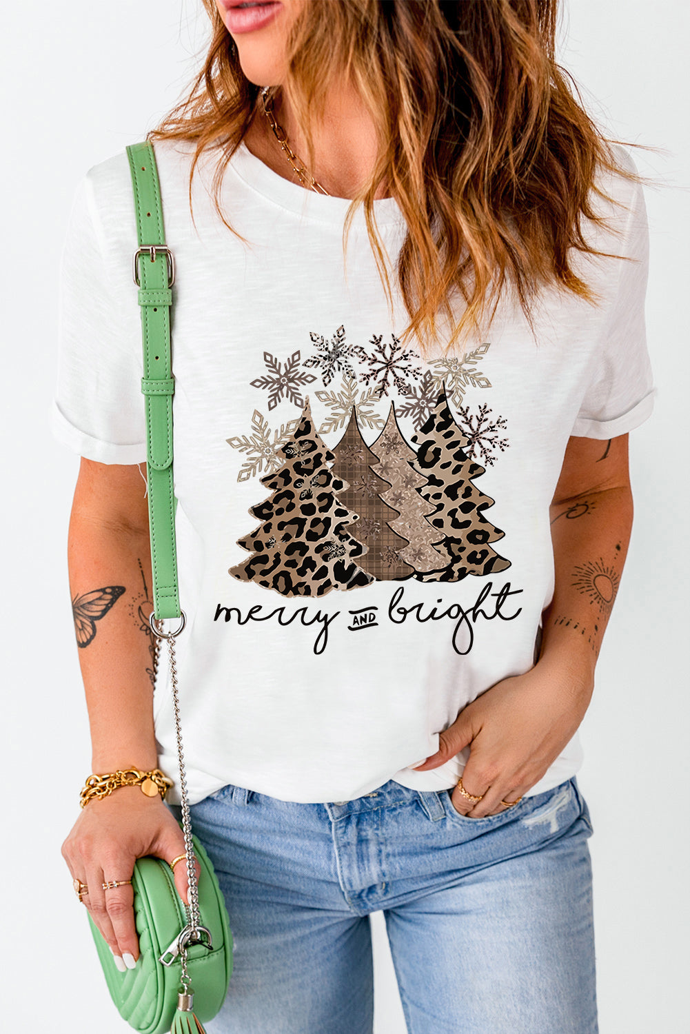 Leopard Christmas Tree Crew Neck Graphic T Shirt