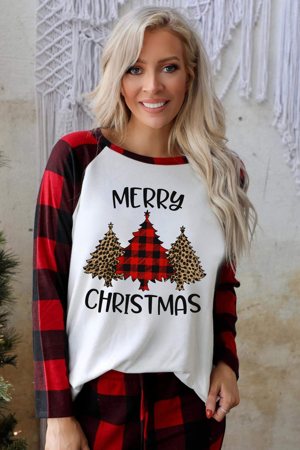 Christmas Plaid Raglan Sleeve Top & Drawstring Pants Pajamas Set