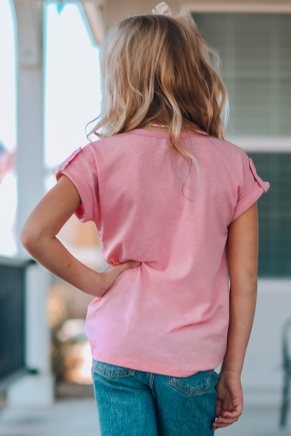 Roll Up Buttons Short Sleeve Top For Kids