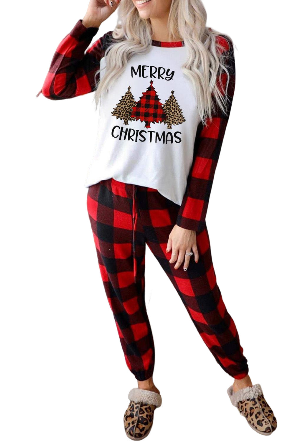 Christmas Plaid Raglan Sleeve Top & Drawstring Pants Pajamas Set