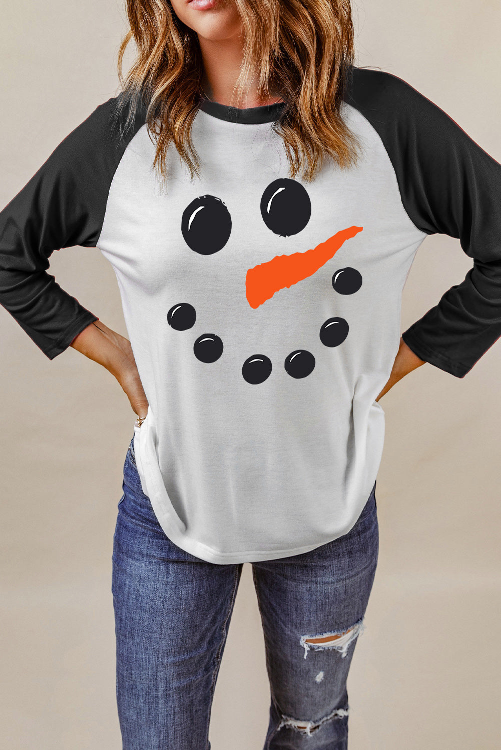 and White Color Block Long Sleeve Christmas T Shirt