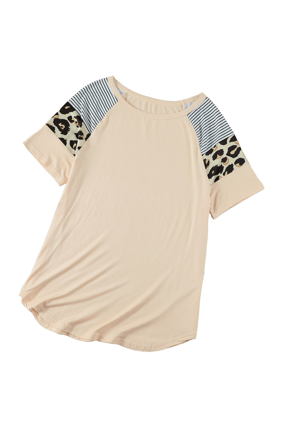 Khaki Striped Leopard Print Short Sleeve Women T-shirt