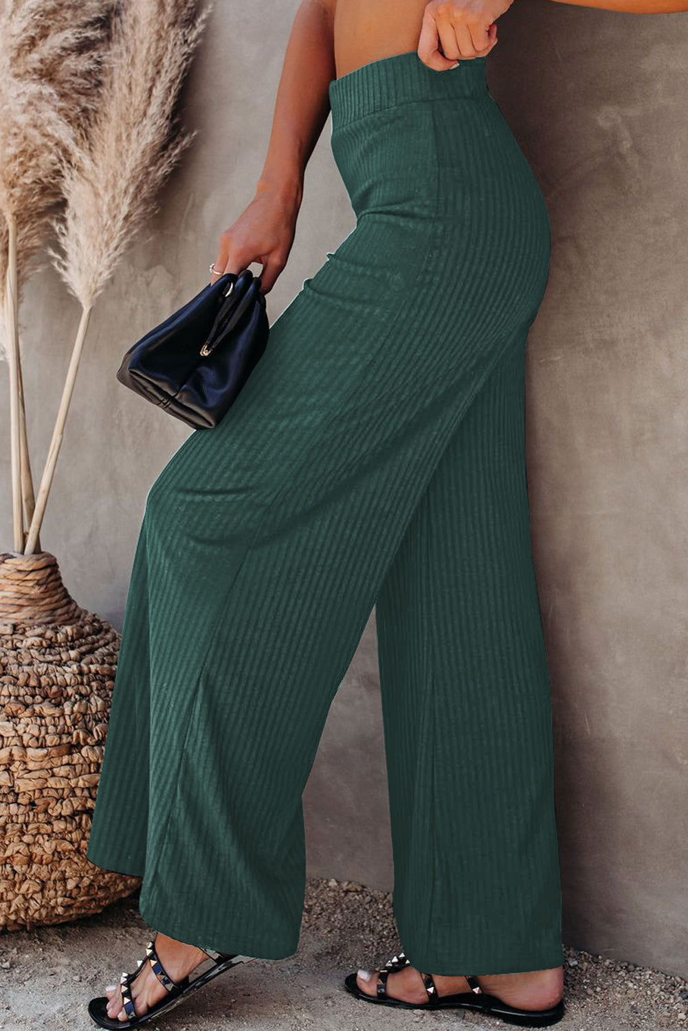 Casual Ribbed Knit High Rise Wide Leg Pants