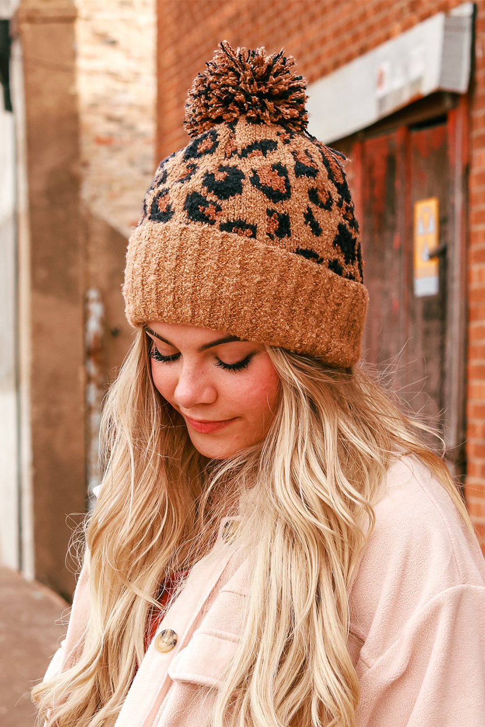 Leopard Print Pom Jacquard Plush Hat