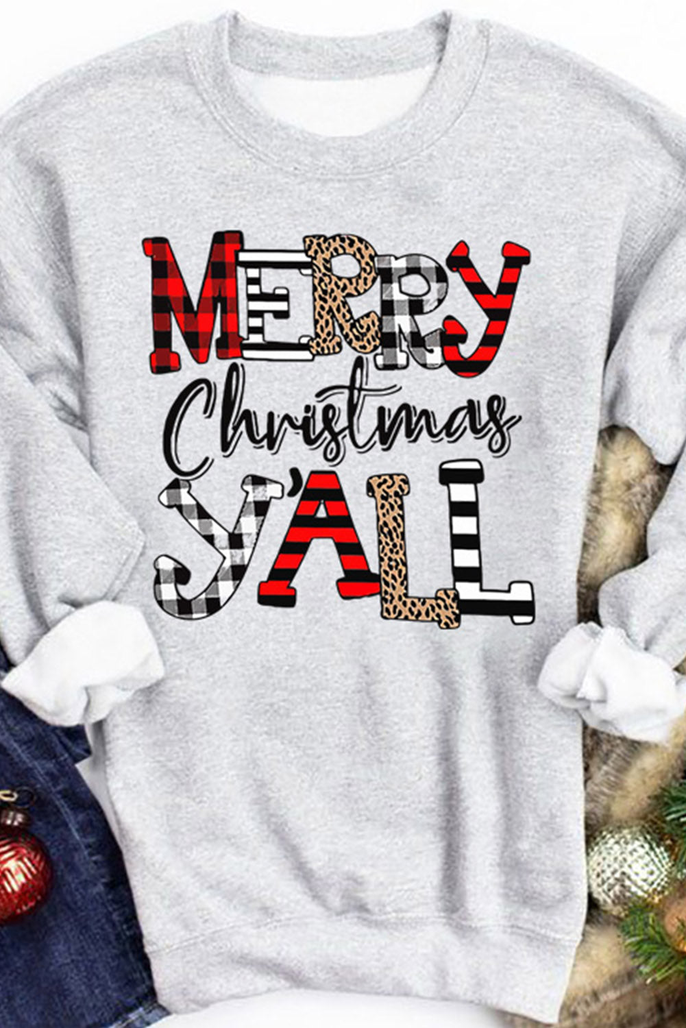 Grey Christmas Letter Print Graphic Long Sleeve Sweatshirt