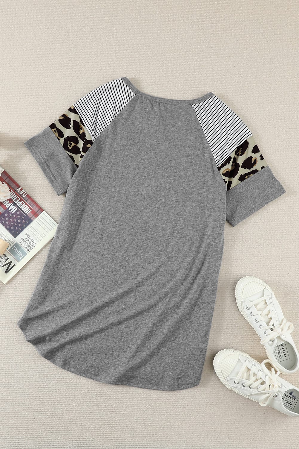 Khaki Striped Leopard Print Short Sleeve Women T-shirt