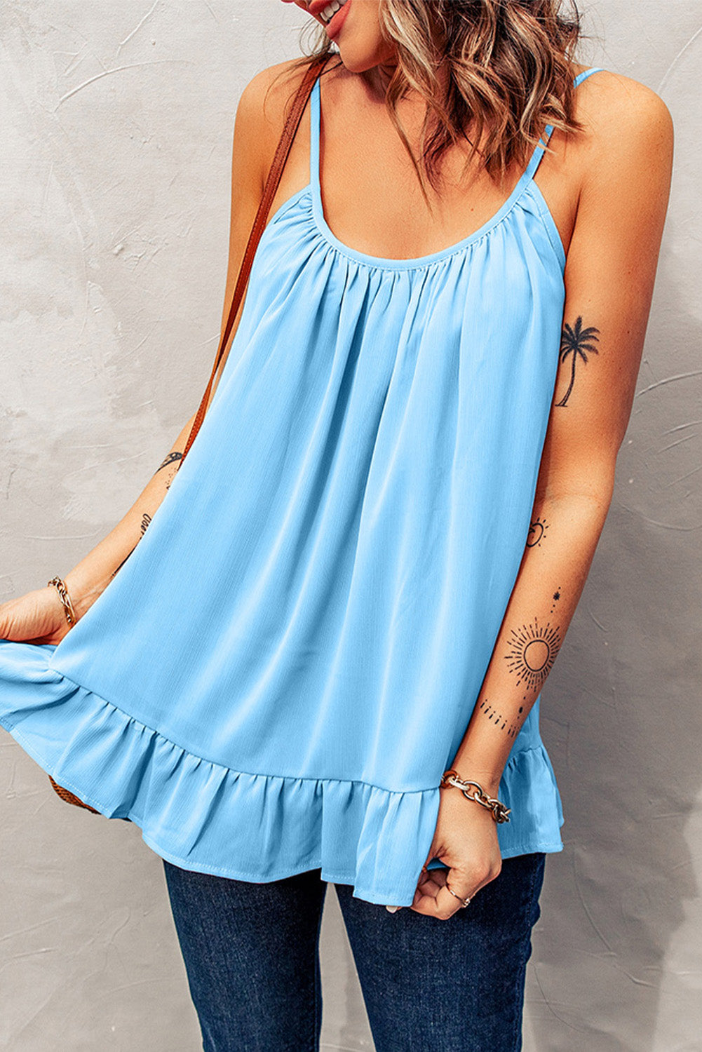 Spaghetti Straps Pleated Ruffled Tank Top