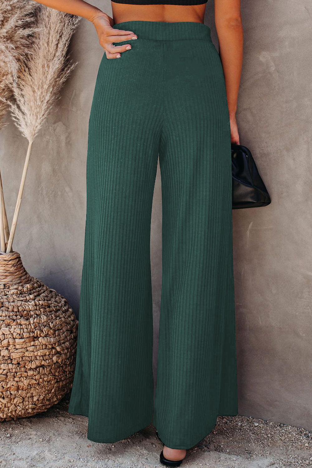 Casual Ribbed Knit High Rise Wide Leg Pants