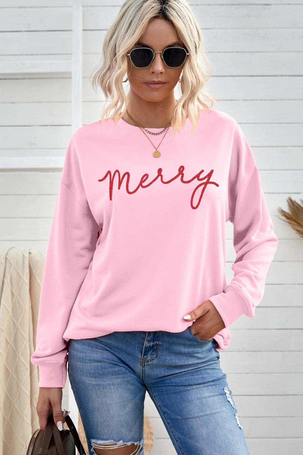 Grey Christmas Letter Crew Neck Graphic Pullover Sweatshirt