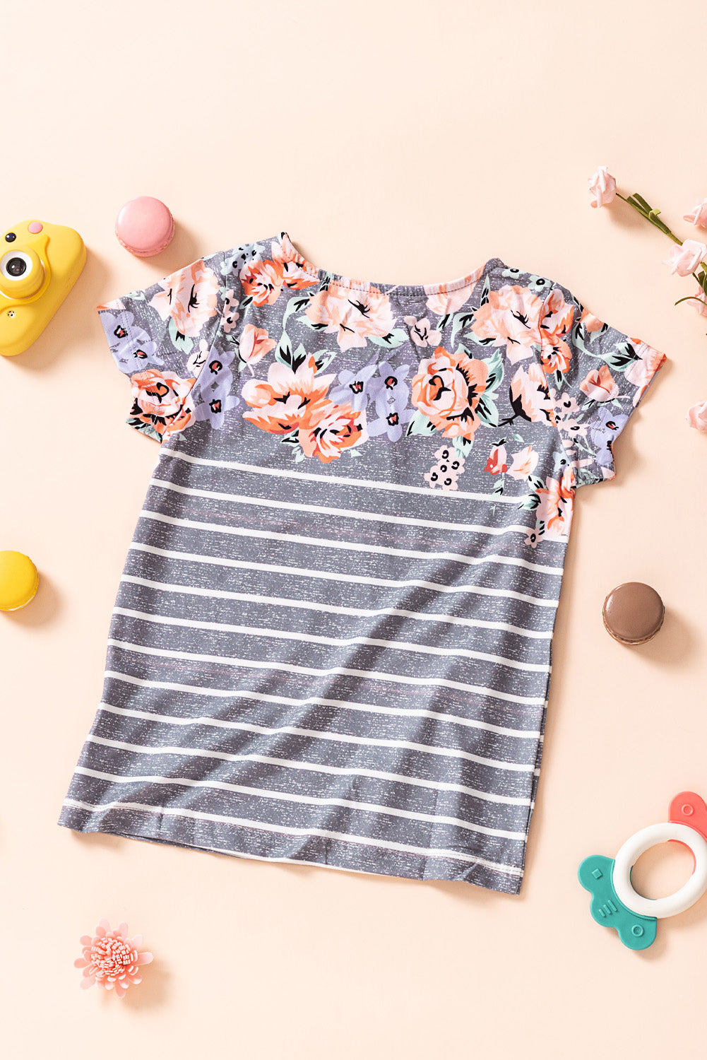 Casual Floral Striped Print Round Neck Tee For Kids