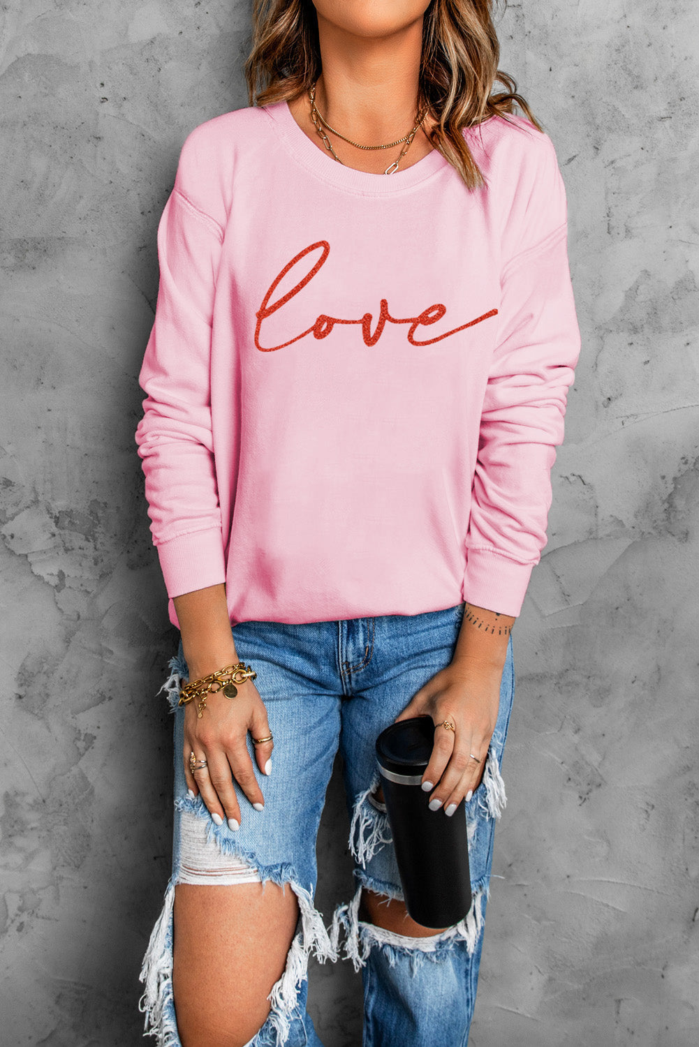 Heart Letters Print Casual Graphic Pullover Sweatshirt