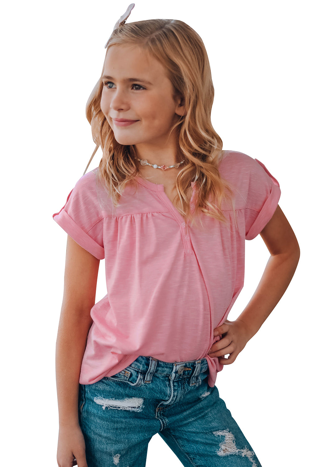 Roll Up Buttons Short Sleeve Top For Kids