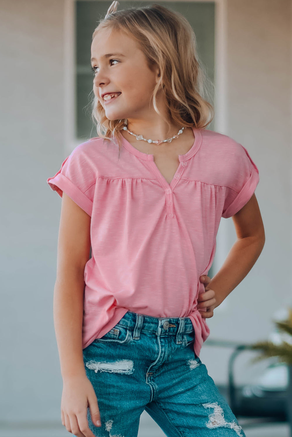 Roll Up Buttons Short Sleeve Top For Kids