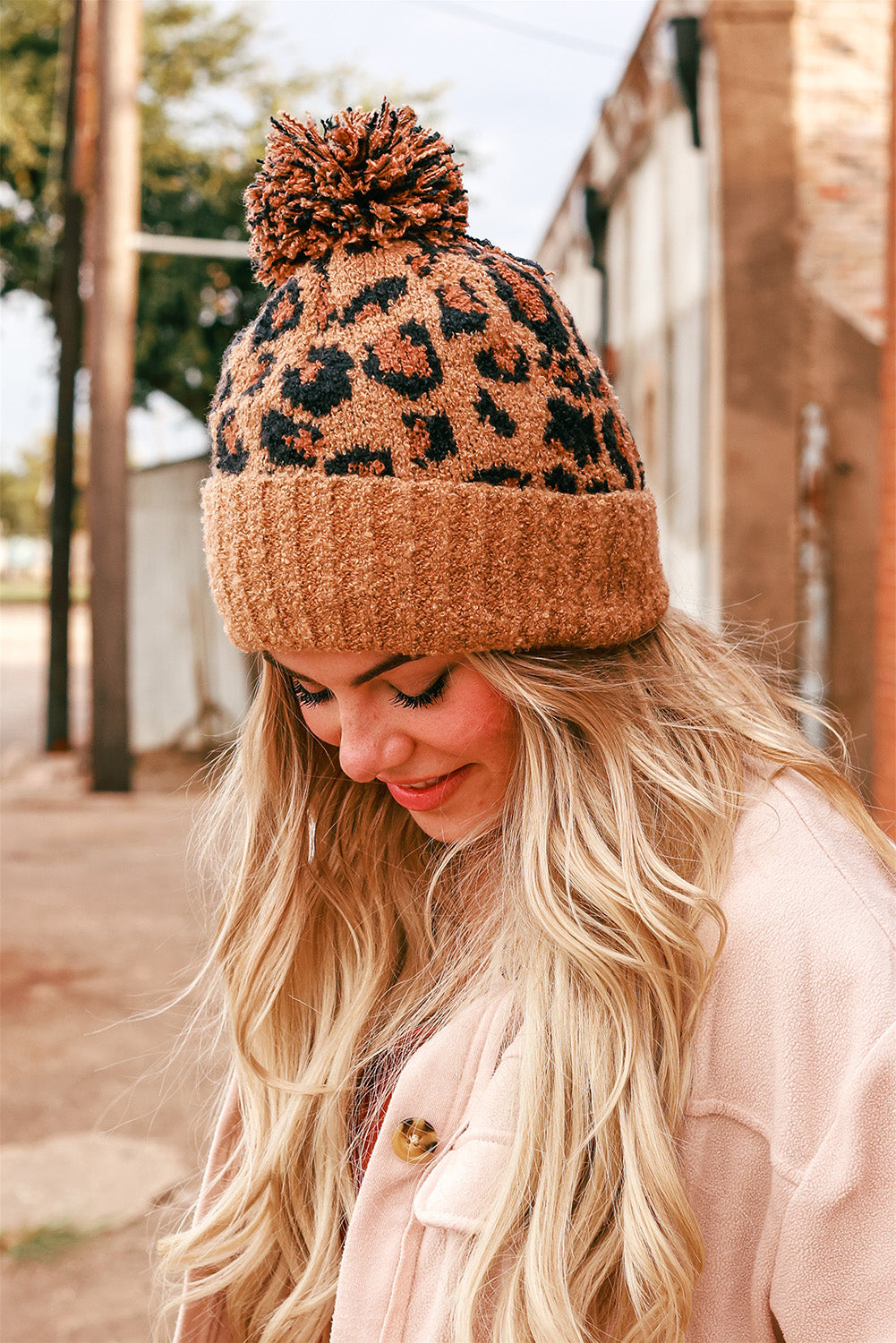 Leopard Print Pom Jacquard Plush Hat