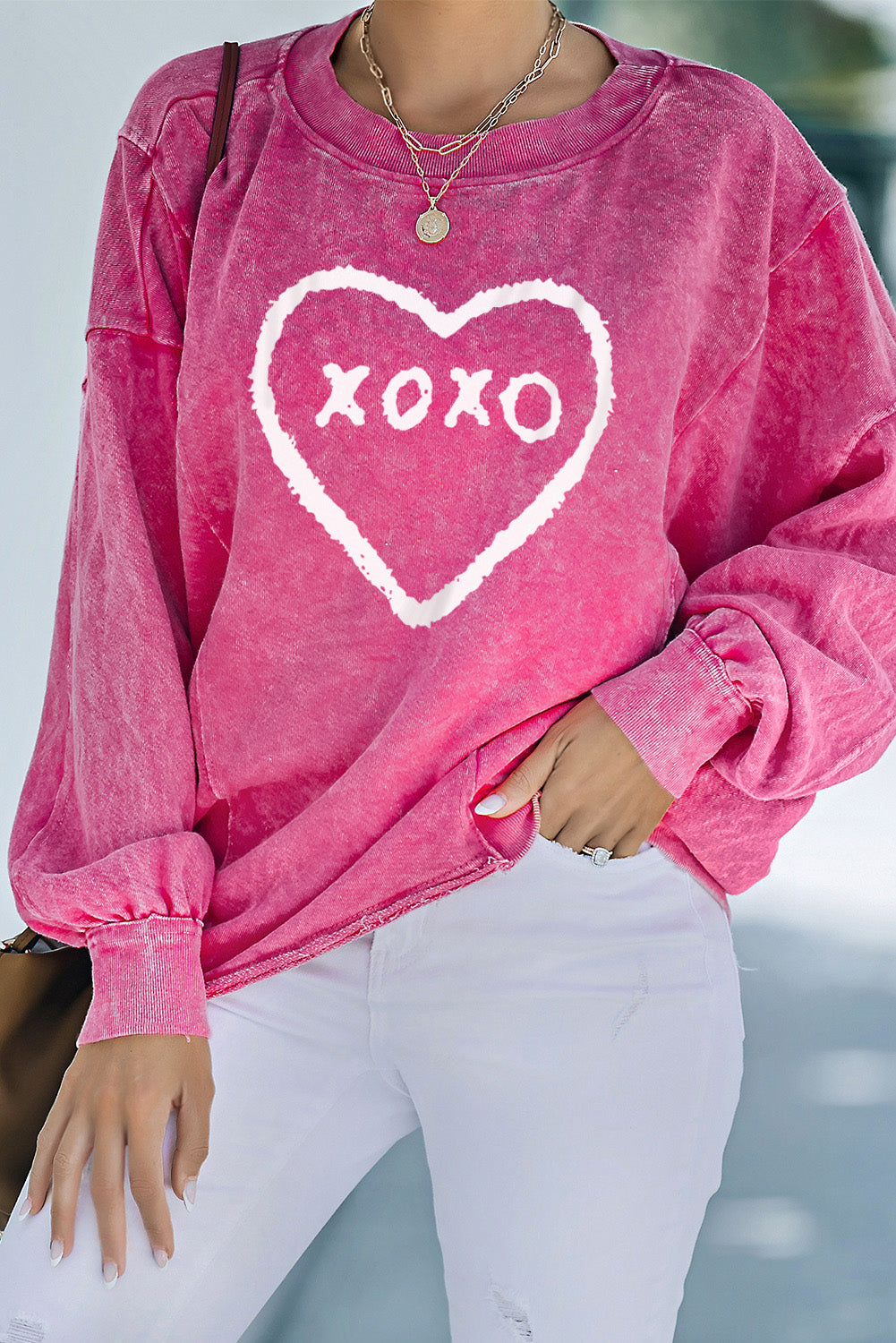 Rosy Rhinestone Star Washed Casual Graphic Sweatshirt