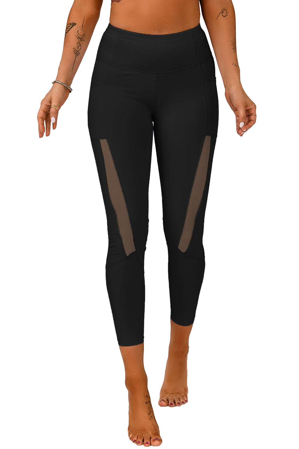 Mesh Side Splicing Phone Pocket High Waisted Leggings