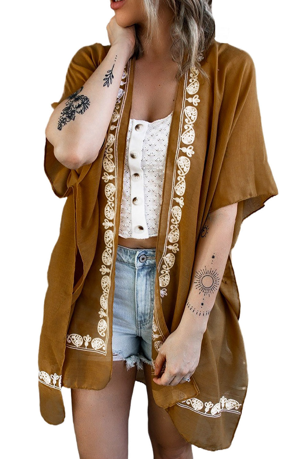 Bohemian Floral Pattern Embroidery Kimono Cover Up