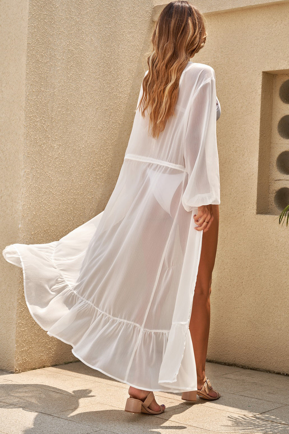 Casual Tie Waist Open Front Beach Cover Up