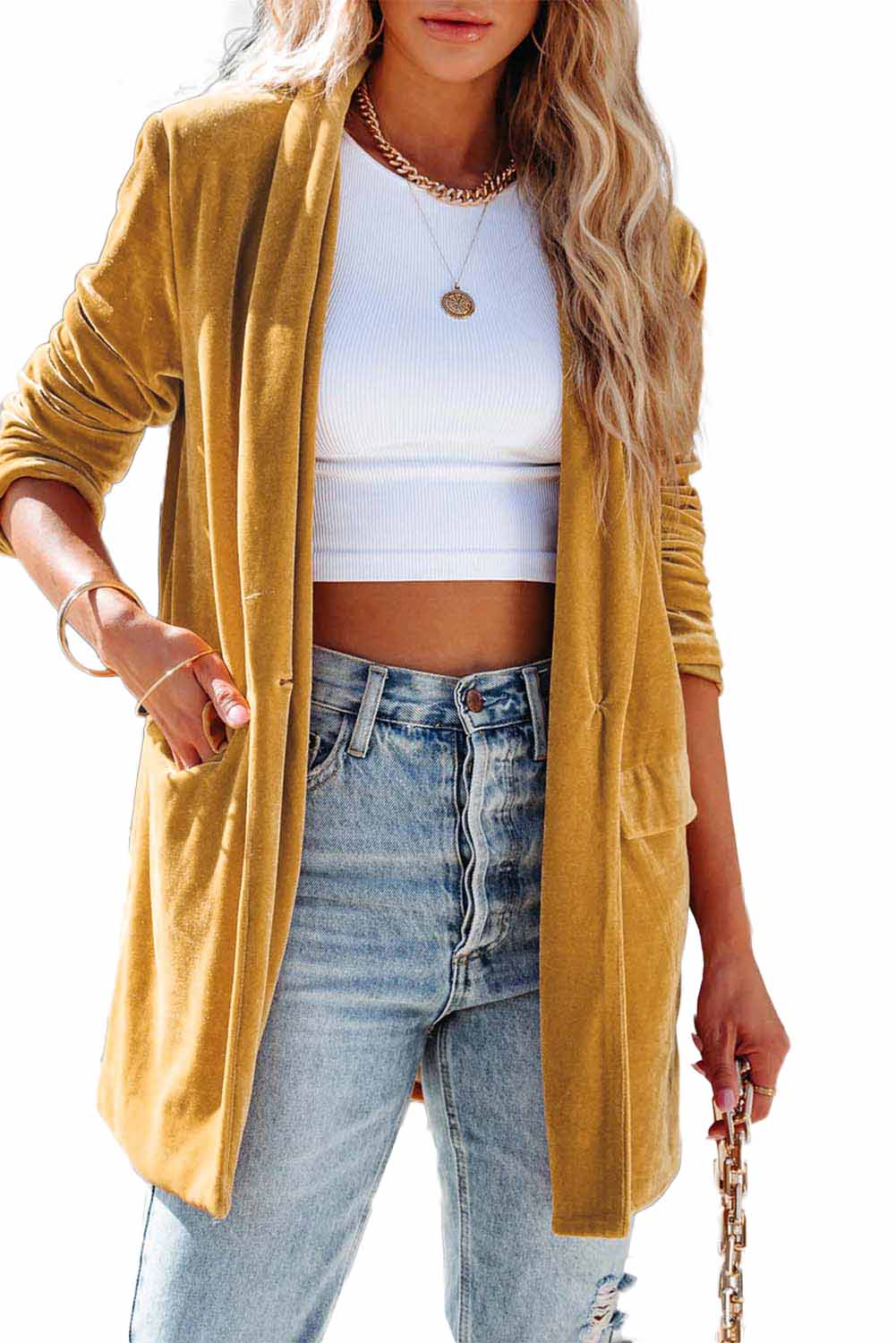 Yellow Cowl Neck Casual Pocket Velvet Blazer