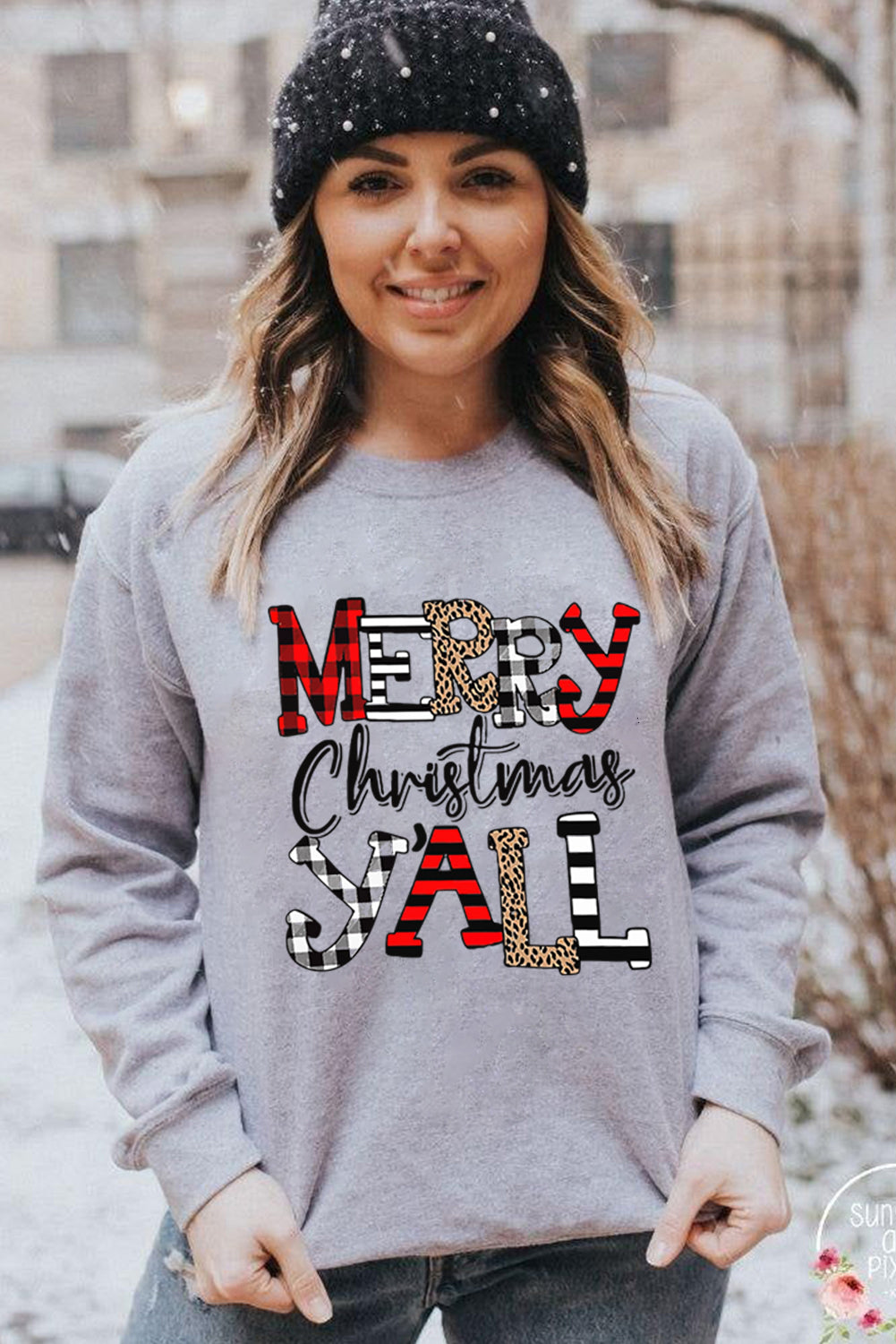 Grey Christmas Letter Print Graphic Long Sleeve Sweatshirt