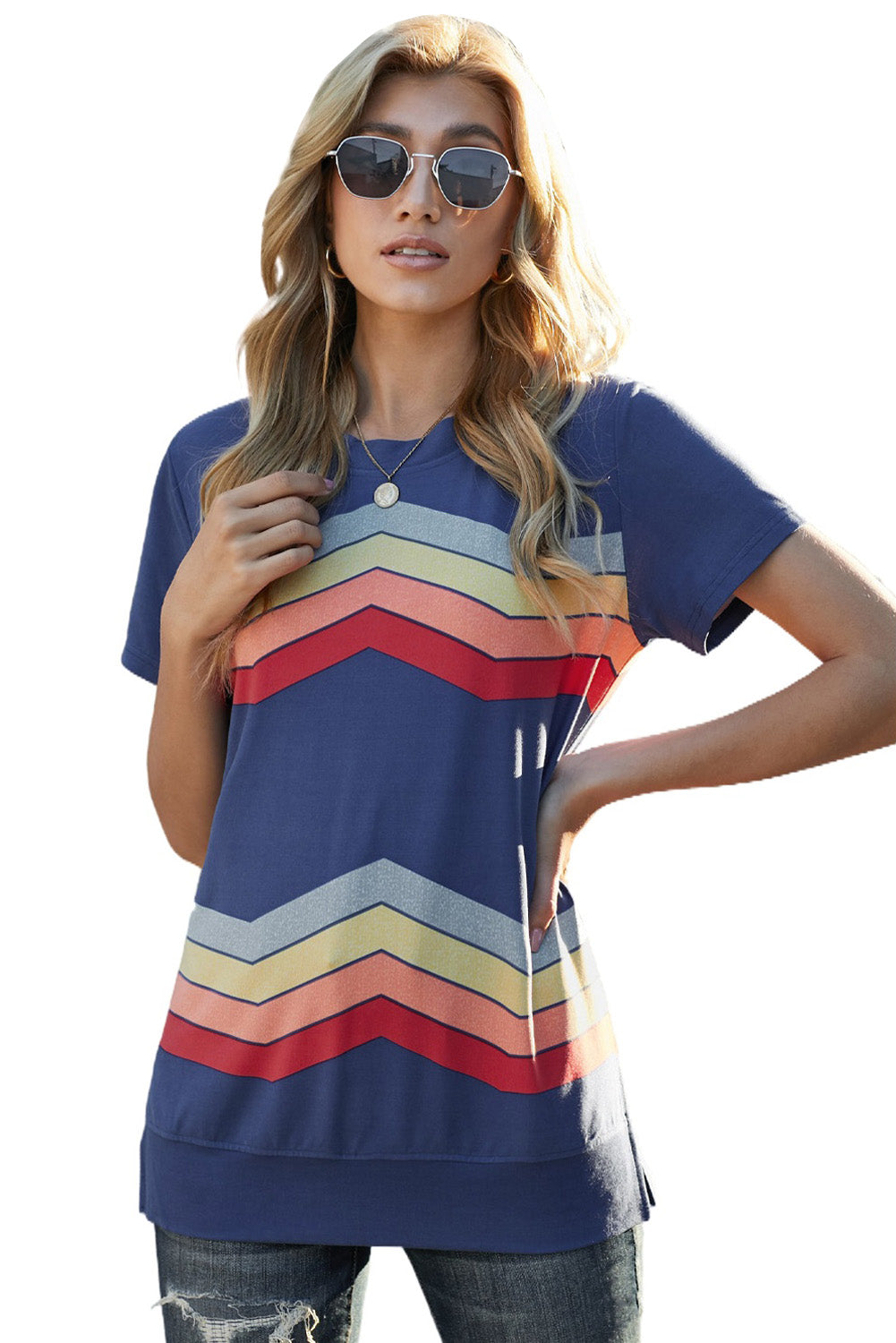 Colorful Wavy Stripes Print Short Sleeve Tee