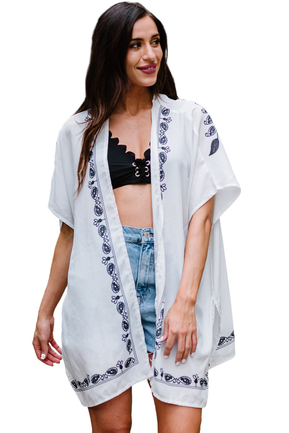 Bohemian Floral Pattern Embroidery Kimono Cover Up