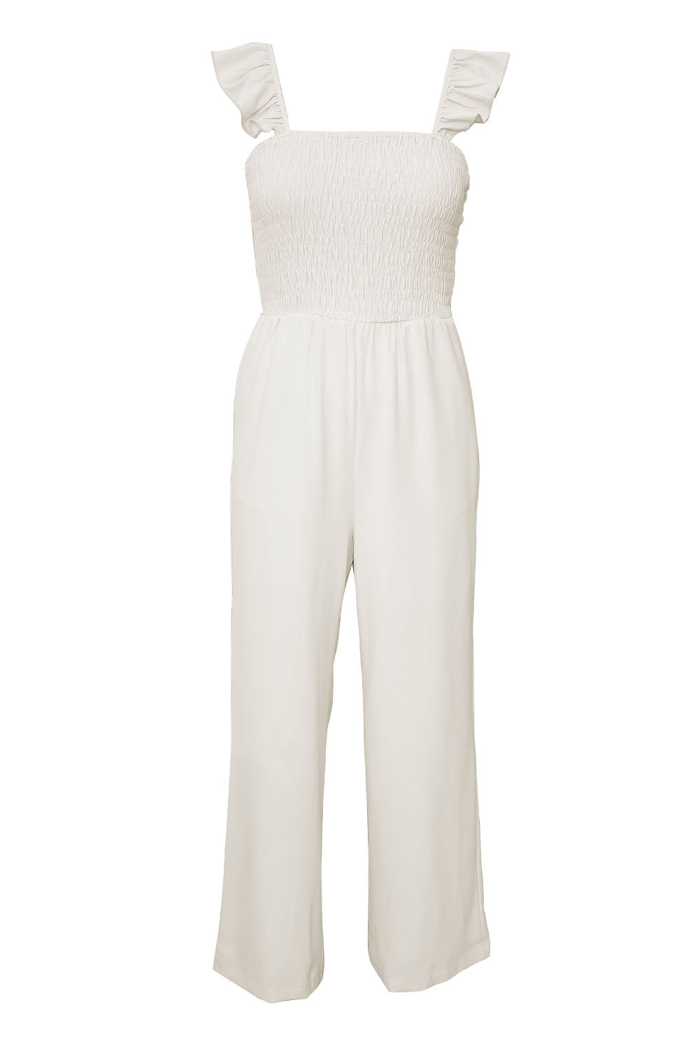 Smocked Ruffle Strap Pocket Wide Leg Jumpsuit