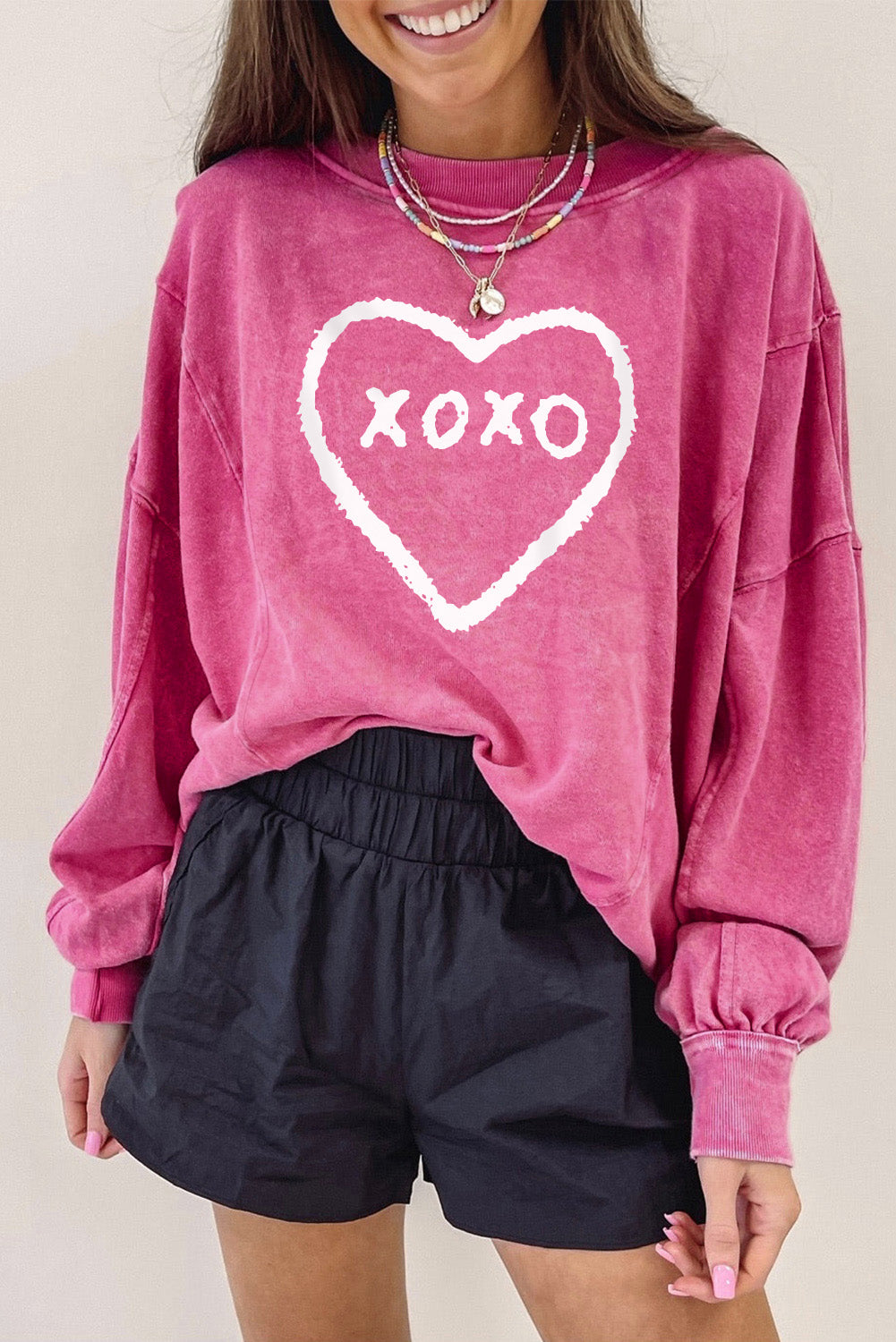 Rosy Rhinestone Star Washed Casual Graphic Sweatshirt