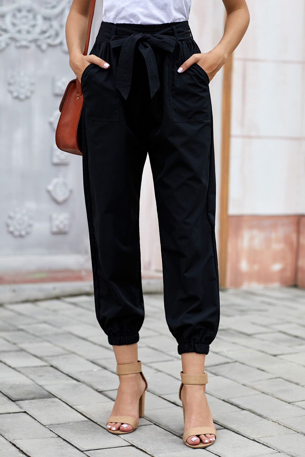 Solid Color Frock-style Pants with Belt