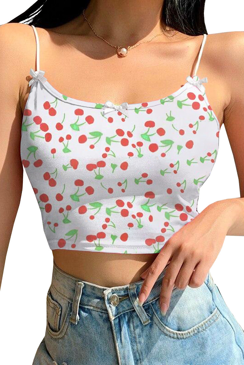 Cute Cherry Print Cropped Spaghetti Strap Camisole Top