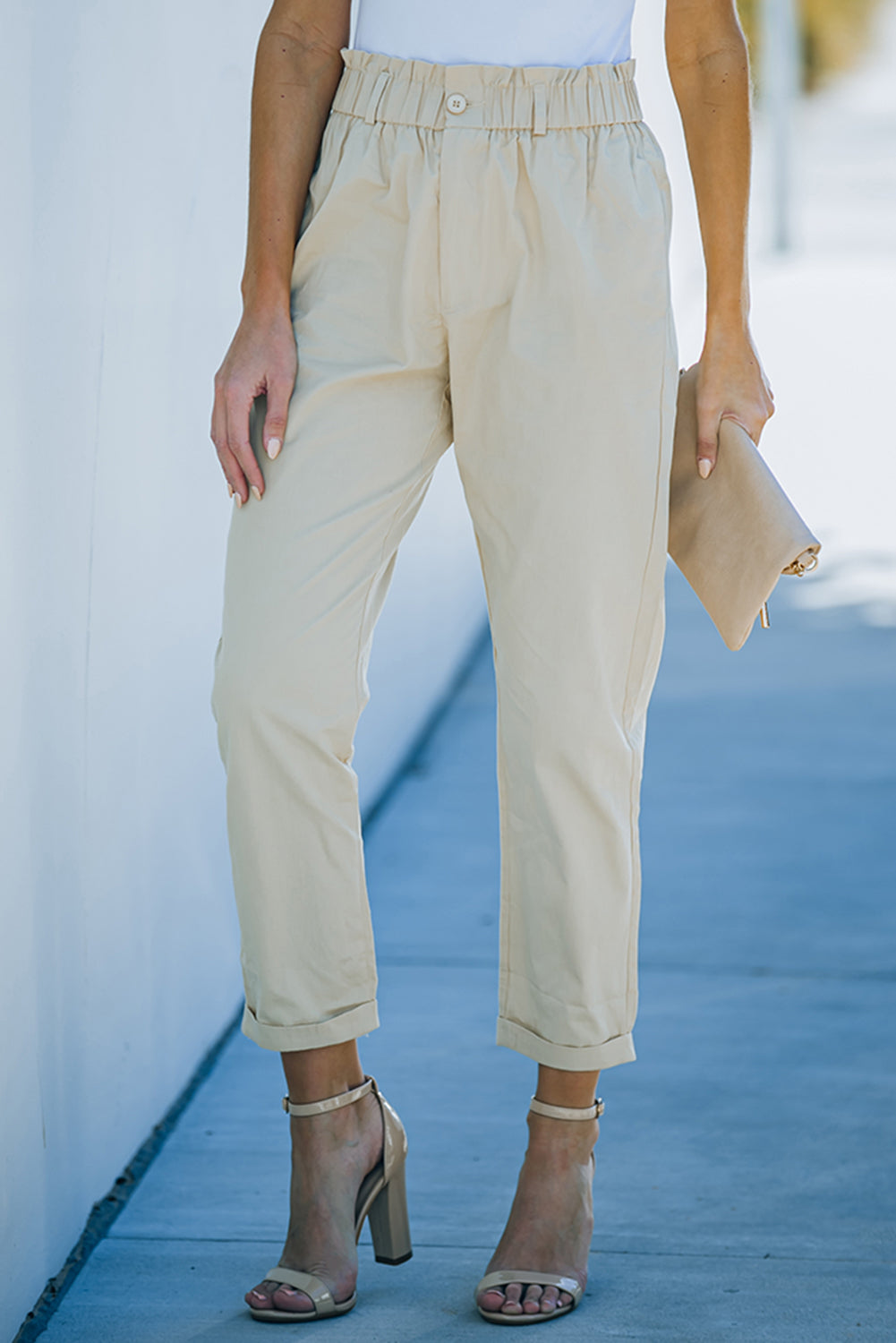 Beige Casual Frill Paper Bag Pocket High Rise Pants