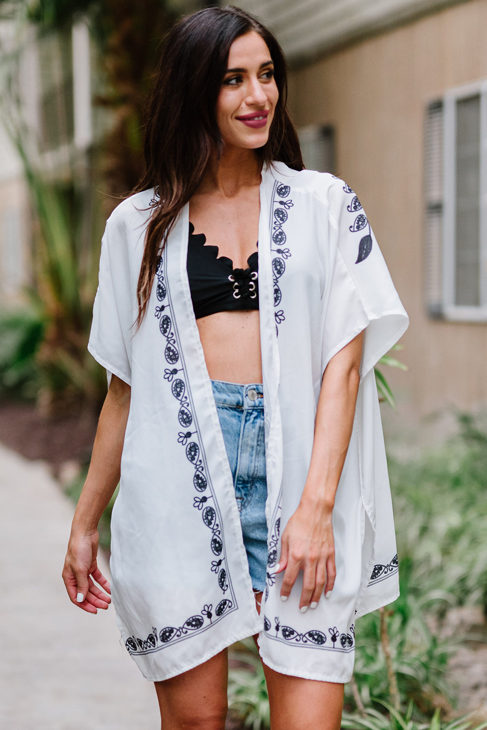 Bohemian Floral Pattern Embroidery Kimono Cover Up