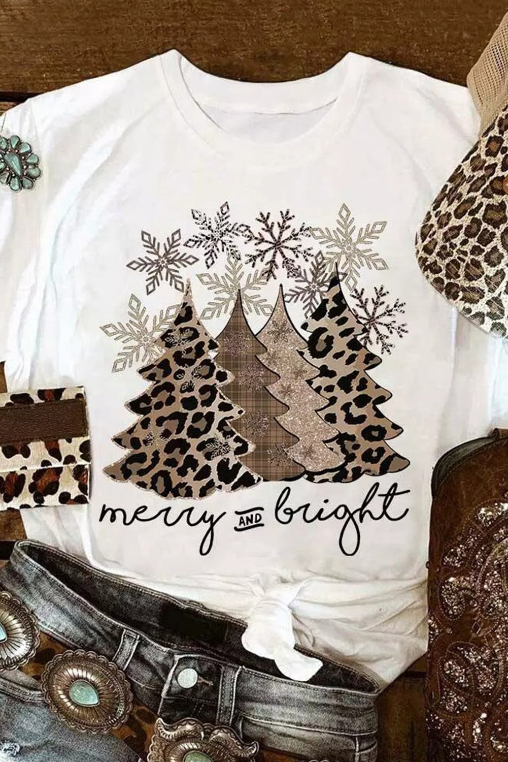 Leopard Christmas Tree Crew Neck Graphic T Shirt