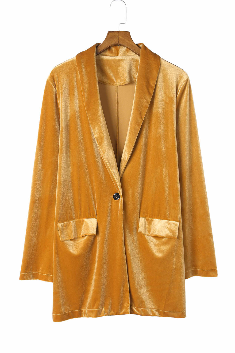 Yellow Cowl Neck Casual Pocket Velvet Blazer