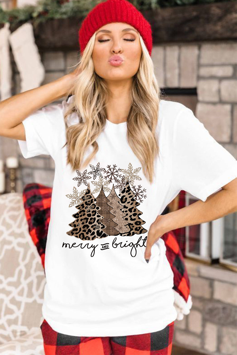 Leopard Christmas Tree Crew Neck Graphic T Shirt