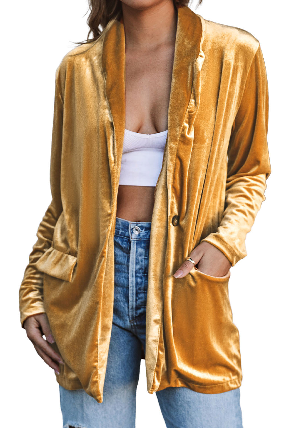 Yellow Cowl Neck Casual Pocket Velvet Blazer