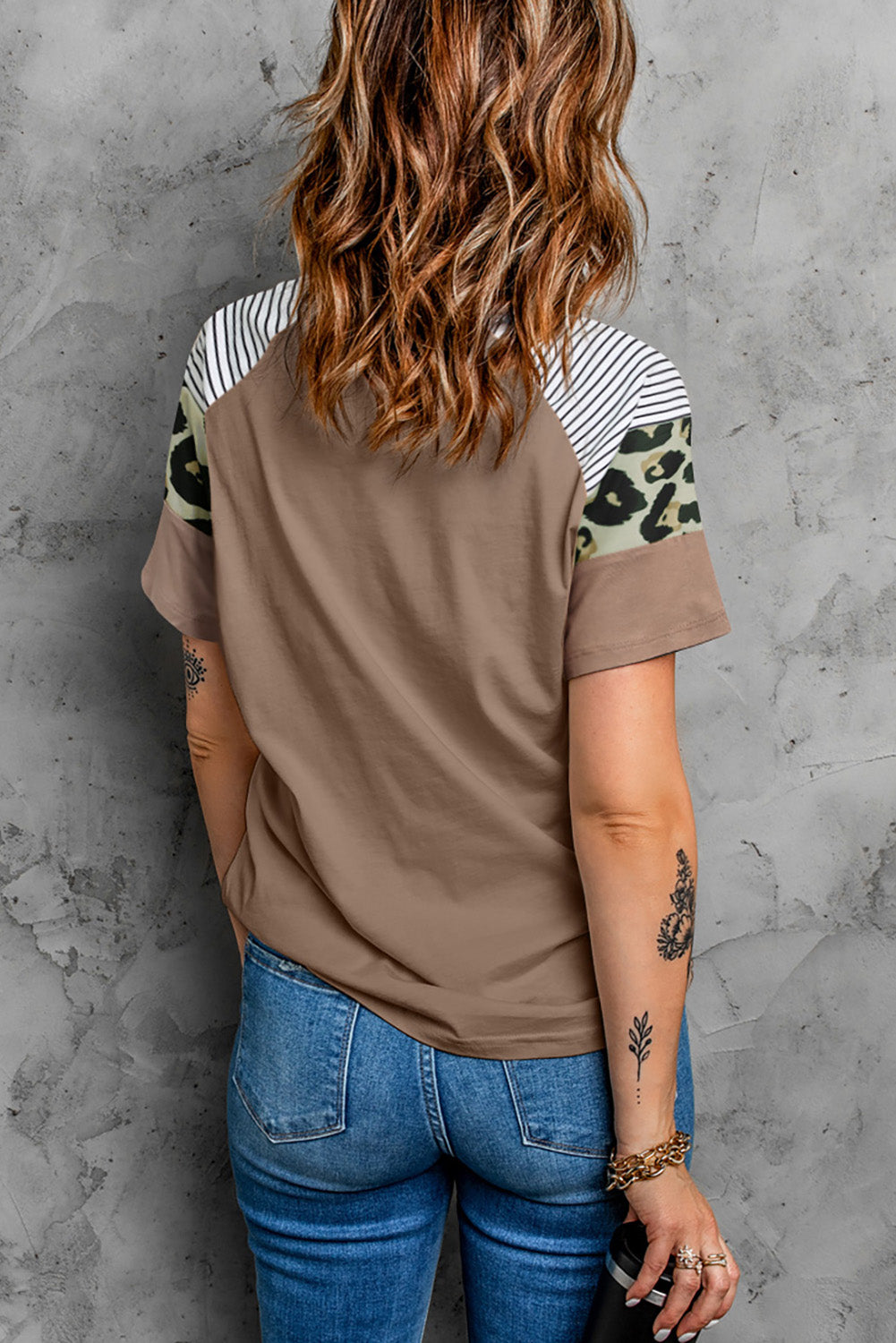 Khaki Striped Leopard Print Short Sleeve Women T-shirt