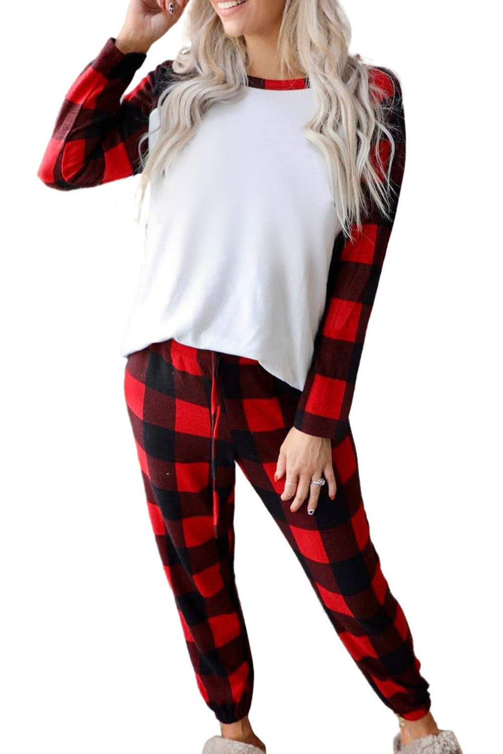 Christmas Plaid Raglan Sleeve Top & Drawstring Pants Pajamas Set