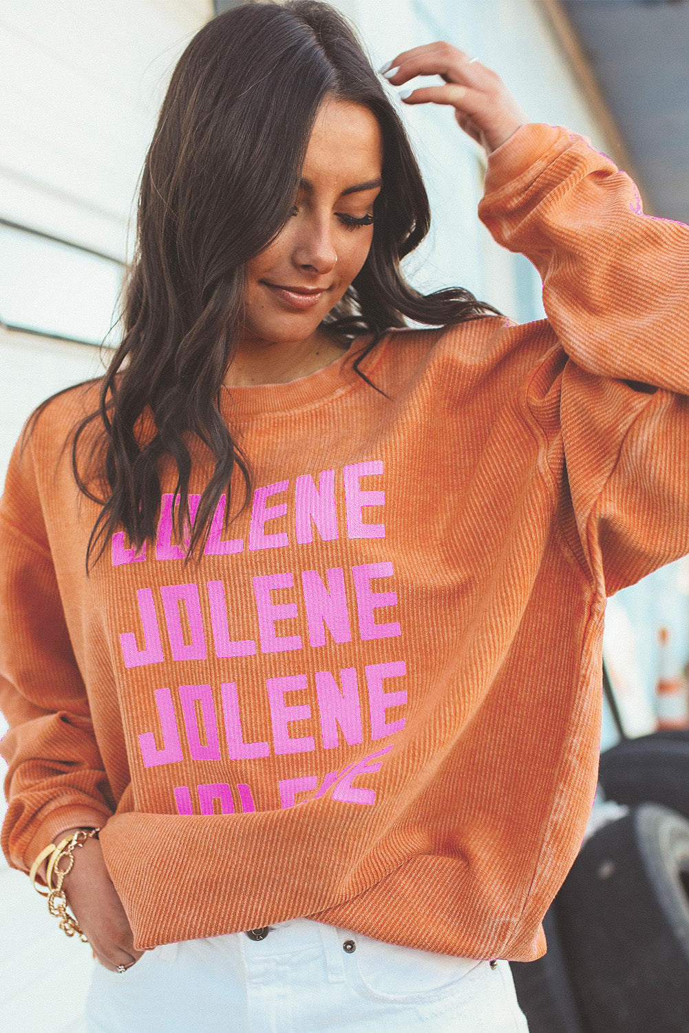 Orange Jolene Letter Print Ribbed Oversized Sweatshirt