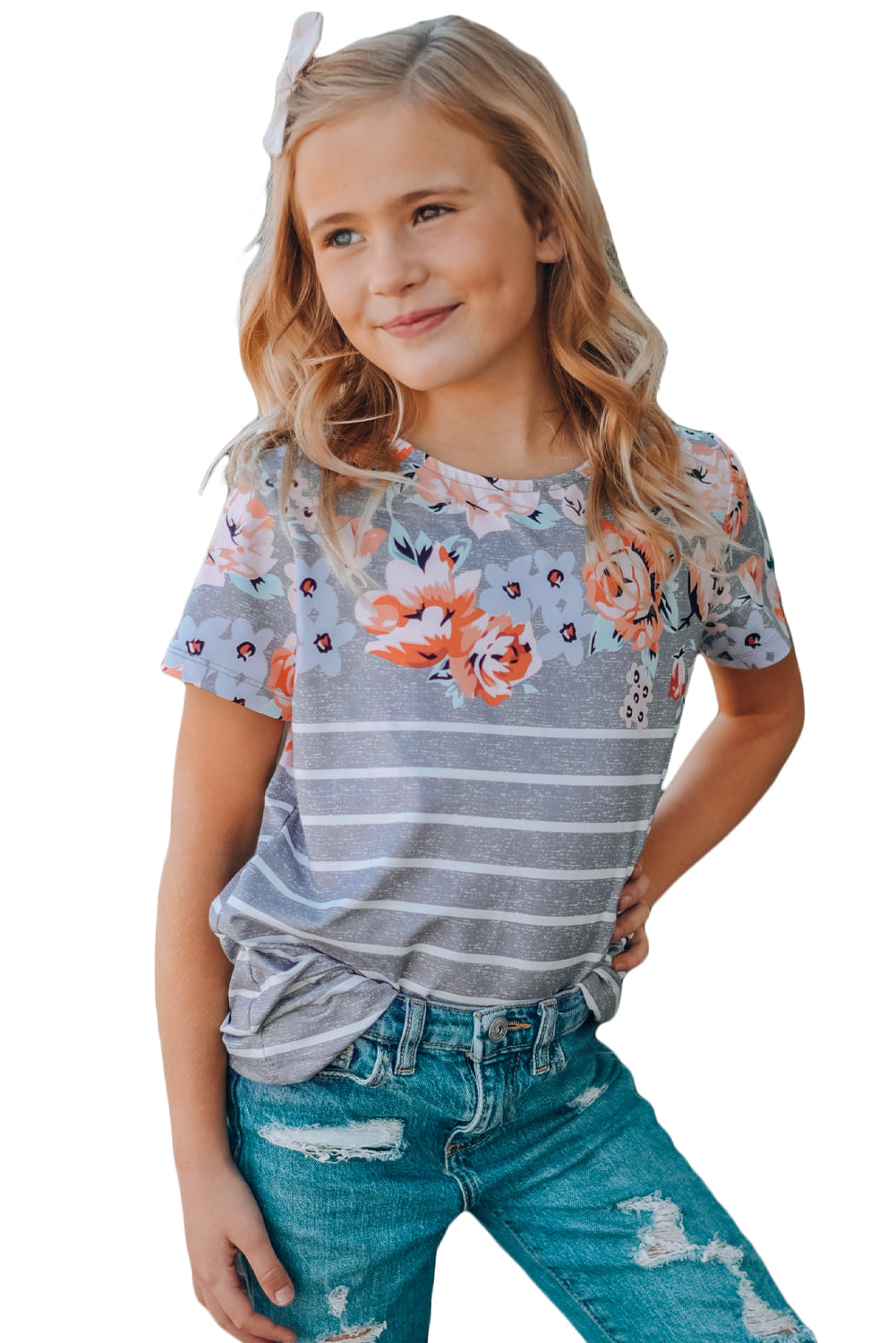 Casual Floral Striped Print Round Neck Tee For Kids