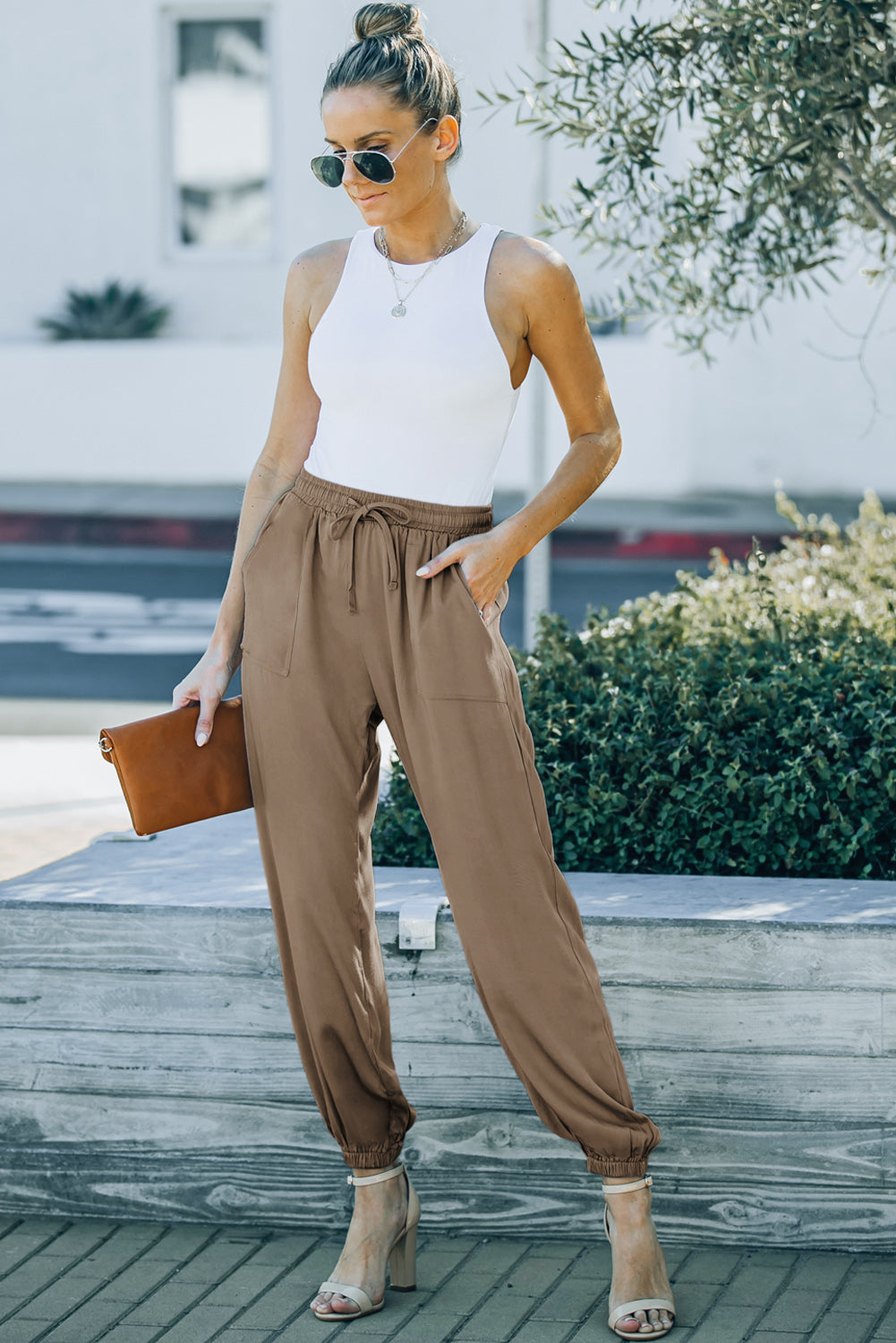 Drawstring Elastic Waist Pull-on Pants With Pockets