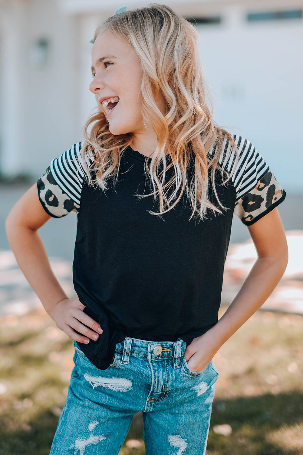 Khaki Striped Leopard Print Short Sleeve Women T-shirt