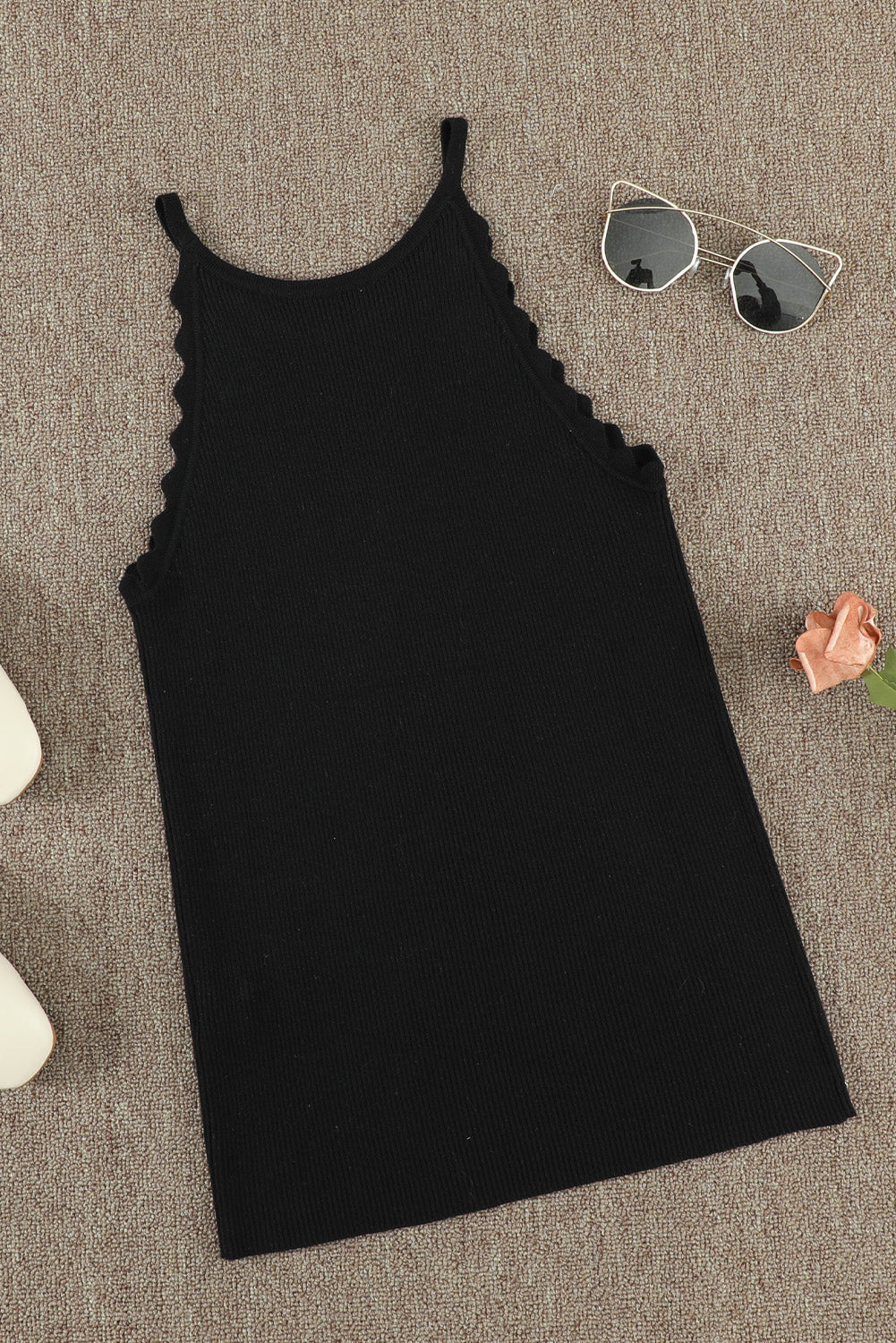 Khaki Casual Scalloped Edge Rib Knit Sleeveless Tank Top