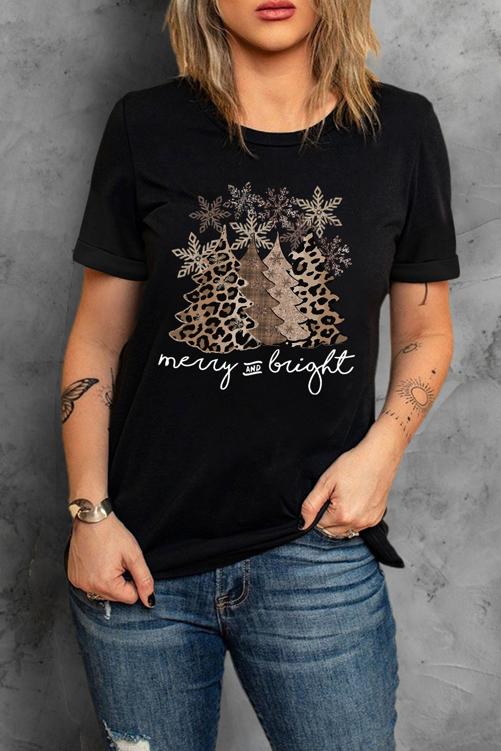 Leopard Christmas Tree Crew Neck Graphic T Shirt