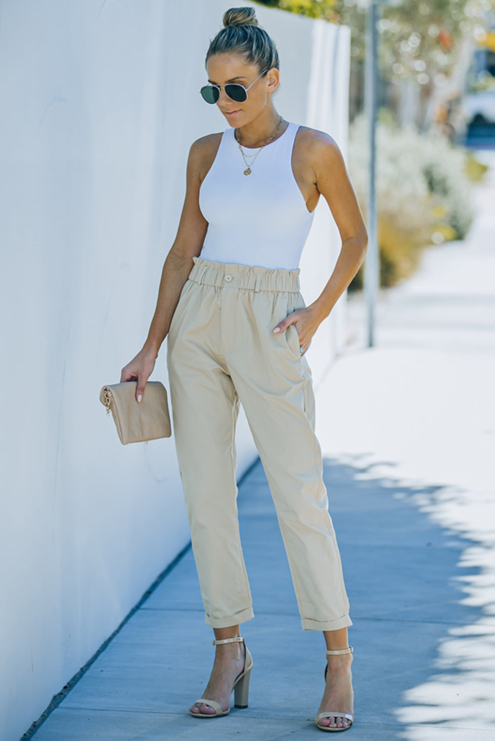 Beige Casual Frill Paper Bag Pocket High Rise Pants