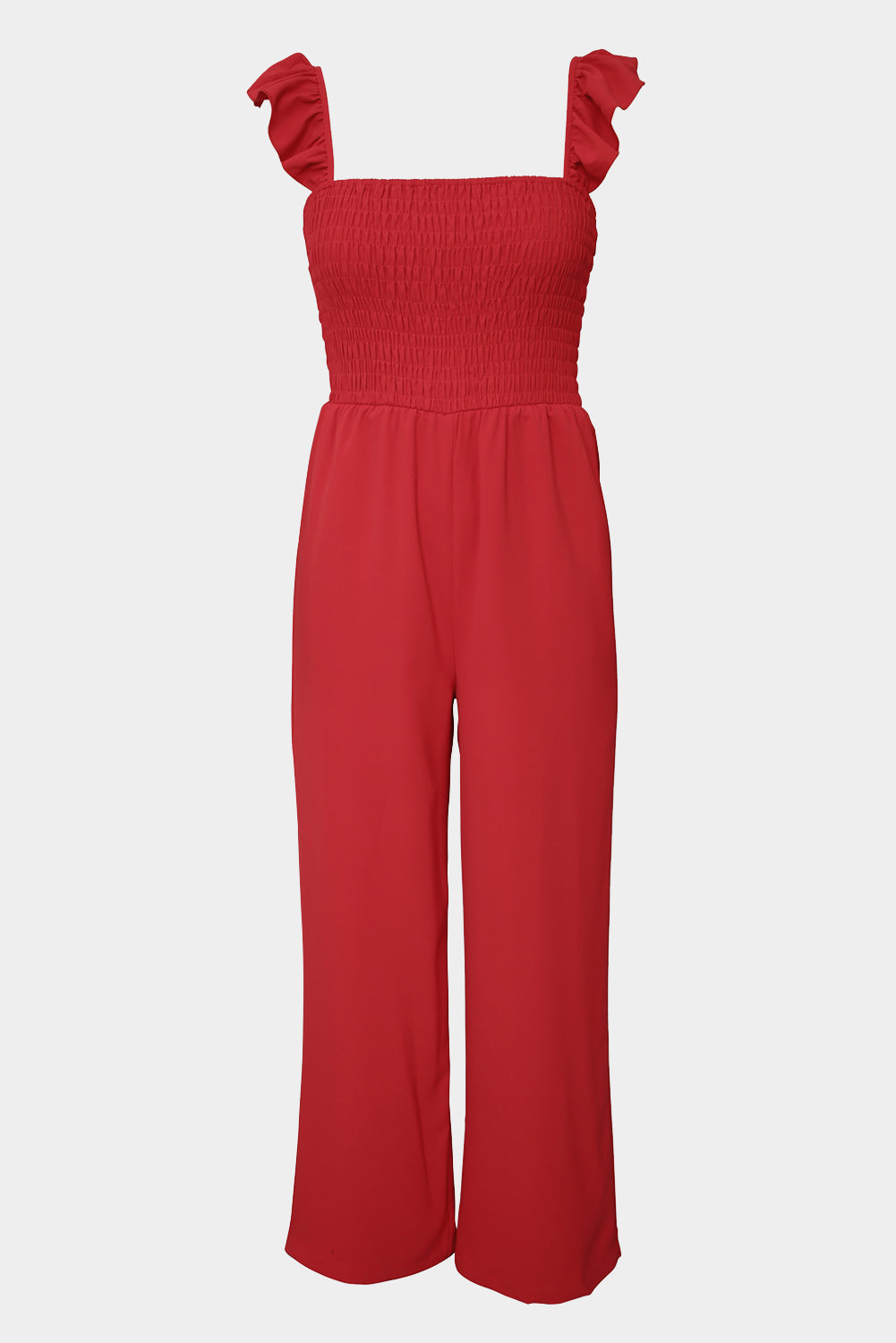 Smocked Ruffle Strap Pocket Wide Leg Jumpsuit