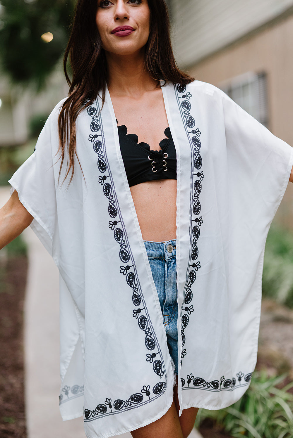 Bohemian Floral Pattern Embroidery Kimono Cover Up