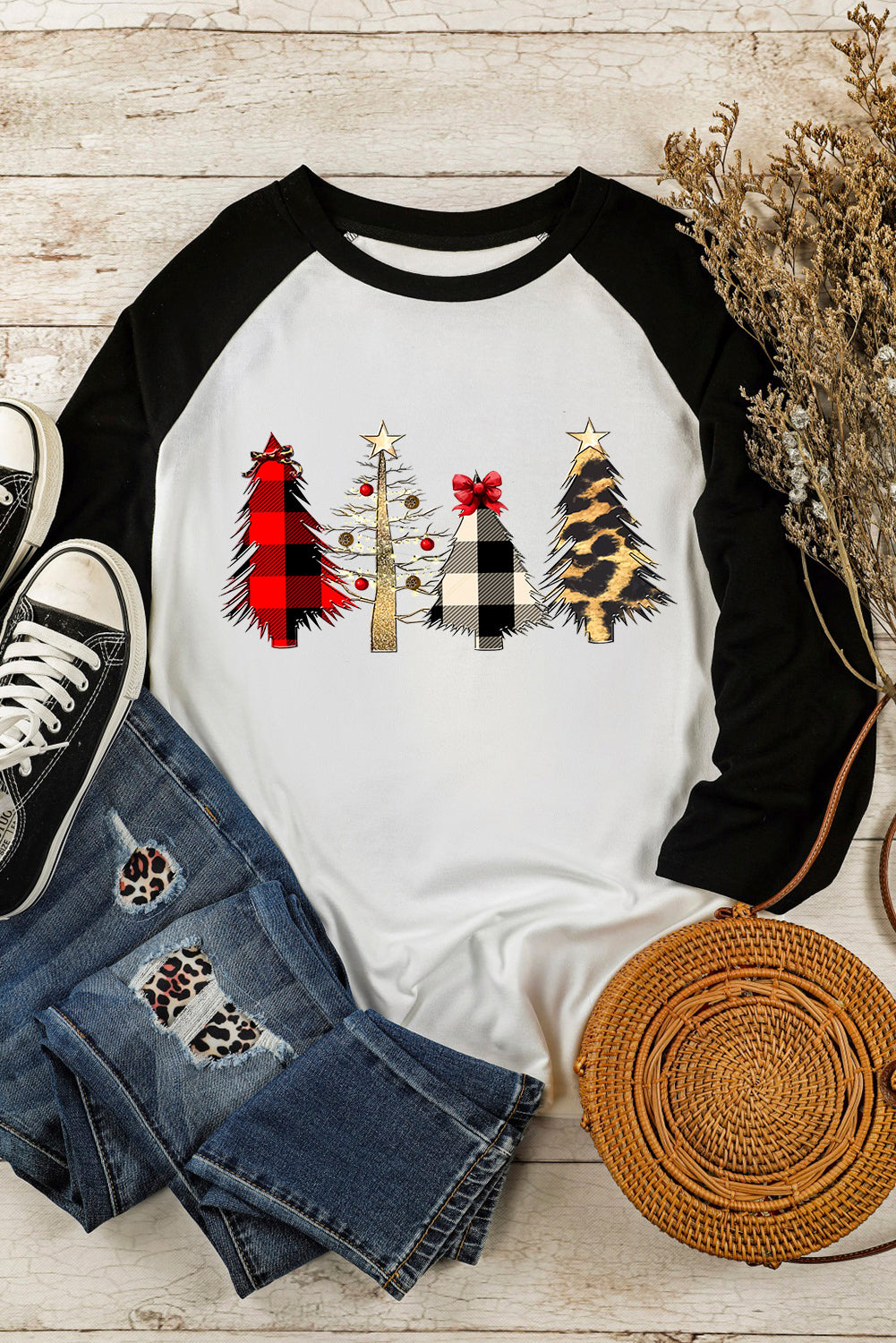 and White Color Block Long Sleeve Christmas T Shirt