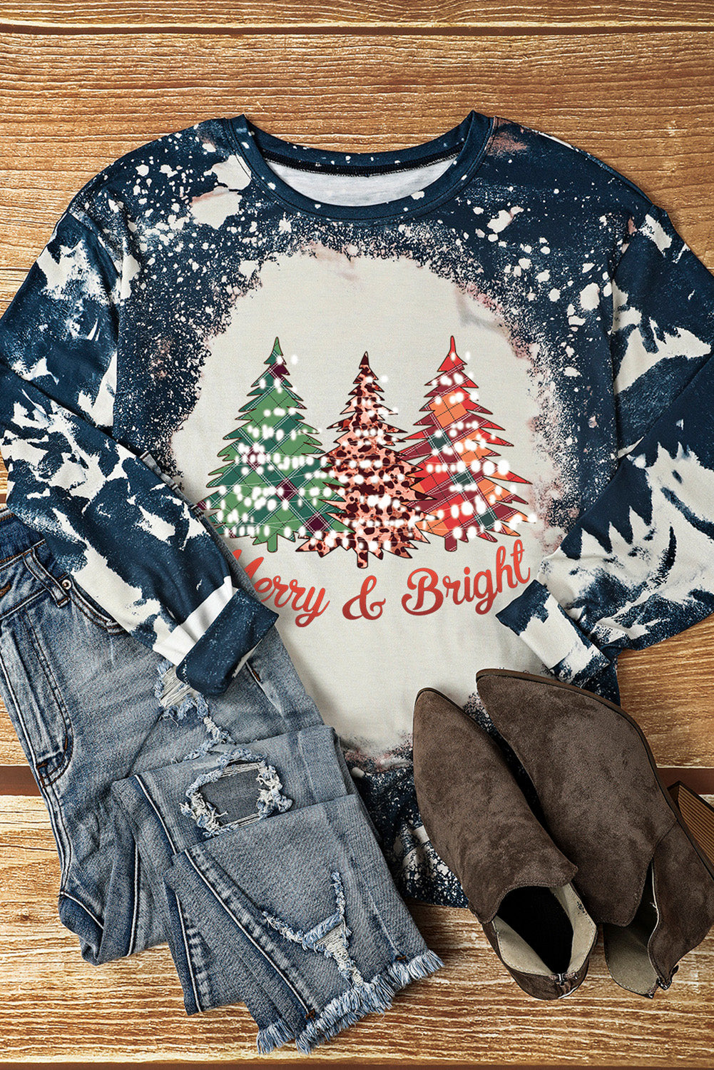 Multicolor Christmas Tree Tie Dye Graphic Long Sleeve Top